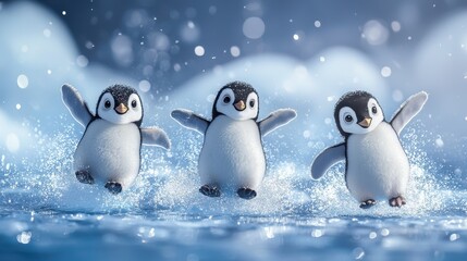 Sticker - Three Cute Penguins Jumping in Water with Snowflakes