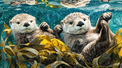 Poster - Adorable Sea Otters Floating in Kelp Forest with Bubbles