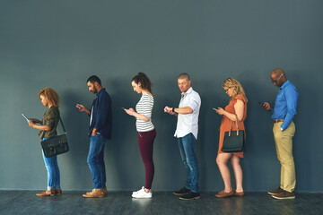 Poster - Human resources, interview and watch with business people in line on gray background for delay or late. Checking time, hiring and recruitment with row of candidate group in studio for job opportunity