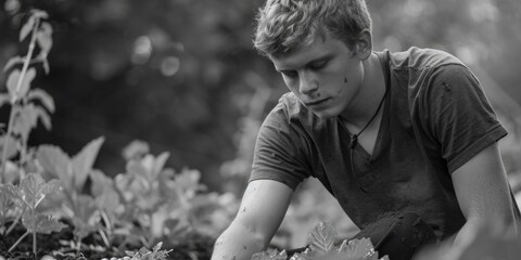 Canvas Print - A young man surrounded by greenery and wildflowers