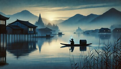 An solitary fisherman drifts gently on a wooden boat across a tranquil lake at sunset.jpeg