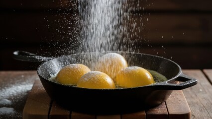 Wall Mural - A pan of mamaliga being sprinkled with salt in a wooden bowl, AI