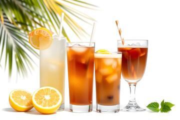 A variety of refreshing cocktails drinks displayed on a white background. Each drink is garnished with lemon slices and some have additional fruit.