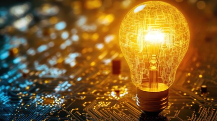 Fototapete - Bright yellow lightbulb illuminating a complex circuit board, representing the power of ideas and technological innovation, with ample space for text.