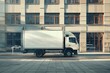 © Fotograf - A white truck is parked in front of a tall building, possibly for maintenance or delivery purposes