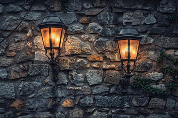 Poster - Two lights mounted on a stone wall, possibly decorative or functional