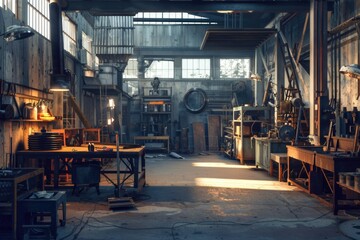 Aufkleber - A photo of various tools and machinery inside a factory