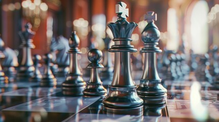 Poster - A collection of chess pieces arranged on a standard chess board, perfect for illustrating games or strategy concepts