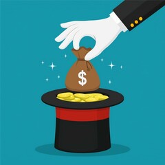 Magician takes out bag of money from cylinder hat Flat vector illustration. 