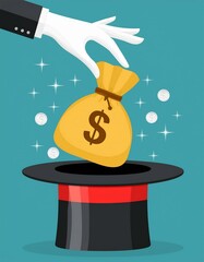 Magician takes out bag of money from cylinder hat Flat vector illustration. 