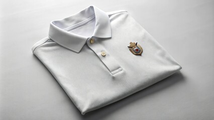 Luxurious polo shirt with embroidered crest on chest, laid out on a minimalist white background, perfect for fashion brand mockup or e-commerce display.