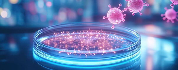 A vibrant petri dish scene depicting colorful particles and floating microbes in a modern lab setting.