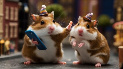 Canvas Print - Two small hamsters wearing hats and holding cell phones, AI