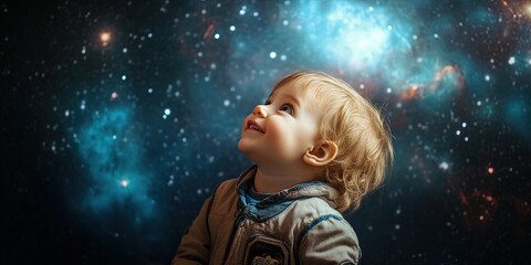Wall Mural - happy toddler astrophysicist, space background,