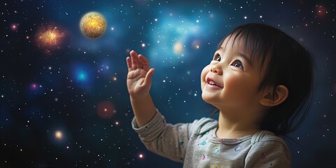 Wall Mural - happy toddler astrophysicist, space background,