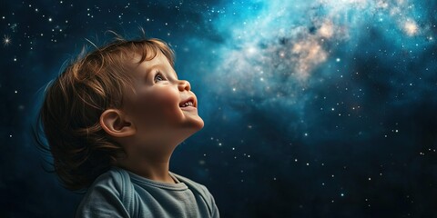 Wall Mural - happy toddler astrophysicist, space background,