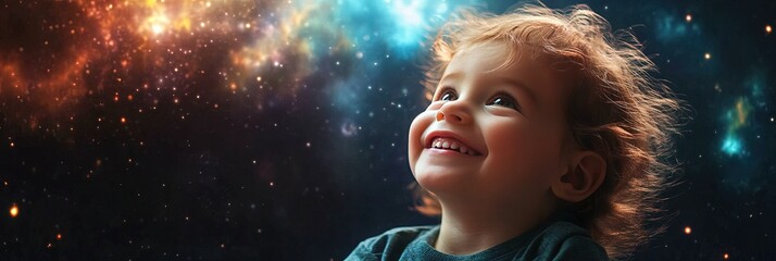 Wall Mural - happy toddler astrophysicist, space background,