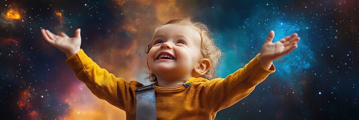 Wall Mural - happy toddler astrophysicist, space background,