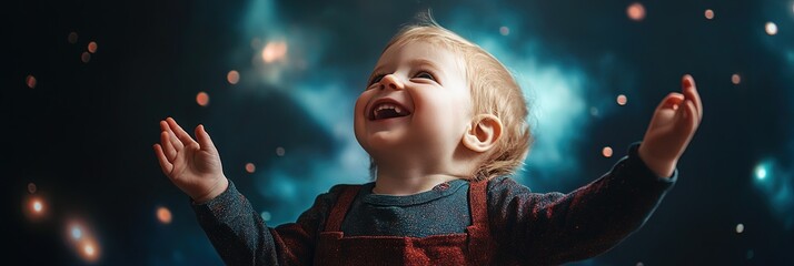 Wall Mural - happy toddler astrophysicist, space background,