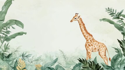 Watercolor Giraffe in Tropical Jungle Foliage Background