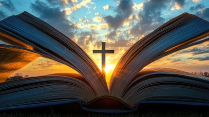 The silhouette of a cross framed by the pages of an open book during a beautiful sunset, representing the unity of scripture and faith. The image is ideal for religious or spiritual concepts.