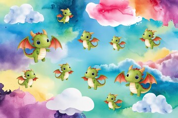 Enchanting Fantasy Wallpaper Featuring Colorful Watercolor Clouds Playful Baby Dragons and Whimsical Mythical Creatures