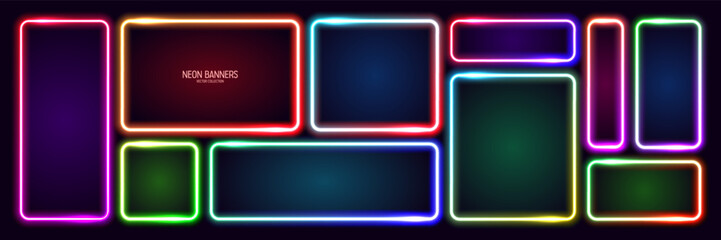 Wall Mural - colorful glowing neon banners, illuminated square frames. shiny vibrant border, glow effect. purple 