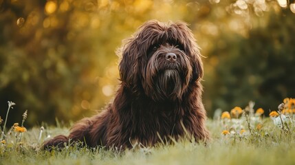 Brown dog relaxing in a sunny field with wildflowers in spring