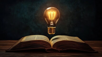 Fototapete - A bright light bulb glowing above an open book, symbolizing the light of knowledge and the power of learning. The image is ideal for educational themes