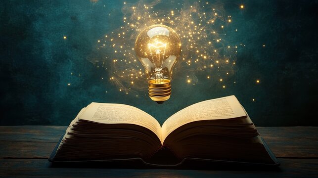 A bright light bulb glowing above an open book, symbolizing the light of knowledge and the power of learning. The image is ideal for educational themes