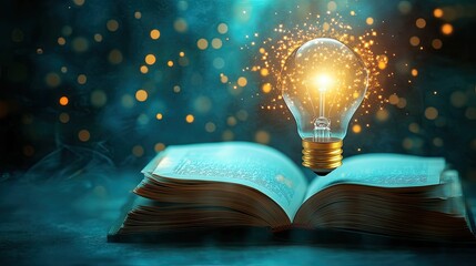 Fototapete - A bright light bulb glowing above an open book, symbolizing the light of knowledge and the power of learning. The image is ideal for educational themes