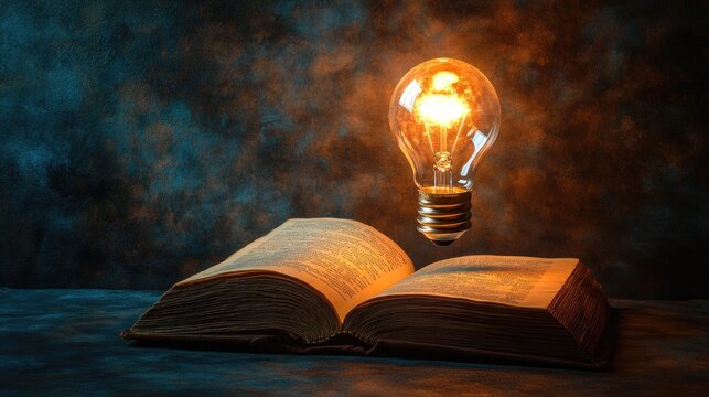 A bright light bulb glowing above an open book, symbolizing the light of knowledge and the power of learning. The image is ideal for educational themes
