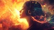 © Helois - A woman with headphones on, her hair flowing like fire in a cosmic background.