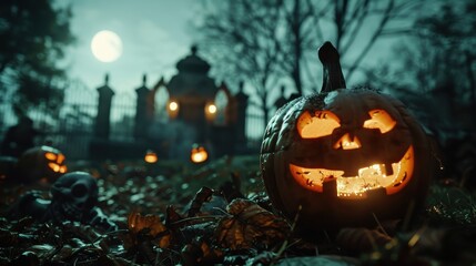 Flaming pumpkins and zombies create a haunting atmosphere in a graveyard illuminated by moonlight