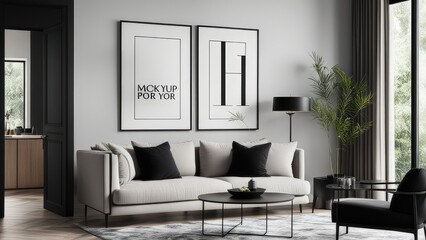 interior poster mockup with vertical black frame on home interior background