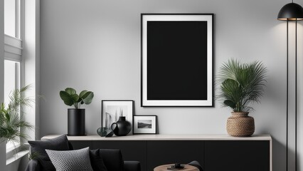 Sticker - interior poster mockup with vertical black frame on home interior background