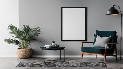 interior poster mockup with vertical black frame on home interior background