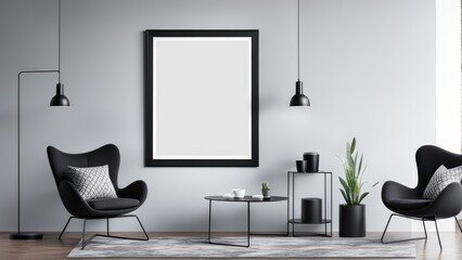 interior poster mockup with vertical black frame on home interior background