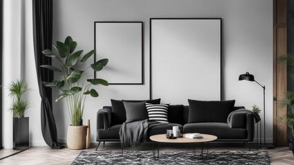 interior poster mockup with vertical black frame on home interior background