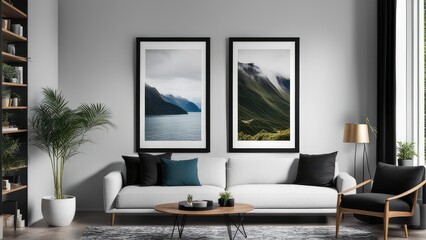 interior poster mockup with vertical black frame on home interior background