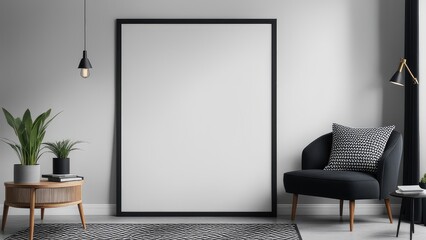 interior poster mockup with vertical black frame on home interior background