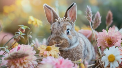 Wall Mural - A rabbit is sitting in a field of flowers, with a crown on its head