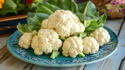 Wall Mural - Fresh Cauliflower on a Blue Plate