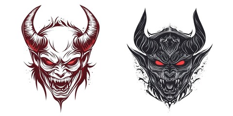 Canvas Print - Devil and demon head tattoo set, vector illustration isolated on white background