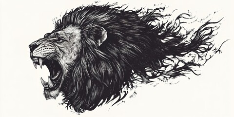 Wall Mural - A vintage-style tattoo of a roaring lion, rendered in black ink with intricate detailing, isolated on white background 