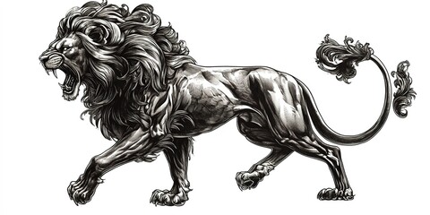 Canvas Print - A vintage-style tattoo of a roaring lion, rendered in black ink with intricate detailing, isolated on white background 