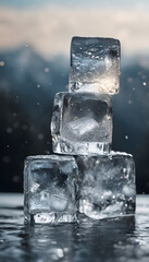 A close-up of stacked ice cubes with water droplets, creating a refreshing and cool atmosphere. The background features a soft gradient with sparkling light effects, enhancing the icy theme.