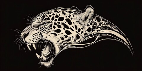 Wall Mural - The head of a jaguar that growls, a black and white abstract drawing of a tattoo emblem on a black background. 