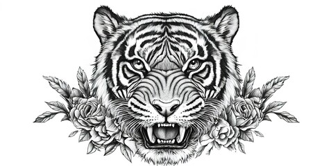 Canvas Print - Aggressive tiger head, front view, with a rose below the head, tattoo design, black and white draw, white background