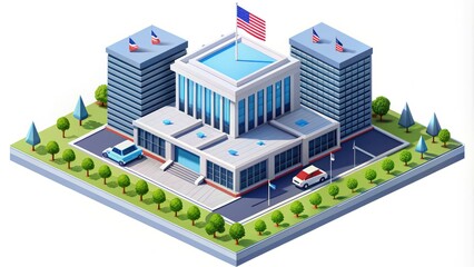 Modern isometric illustration of a futuristic government building with sleek architecture, flags, and cityscape, symbolizing power, politics, and urban development.